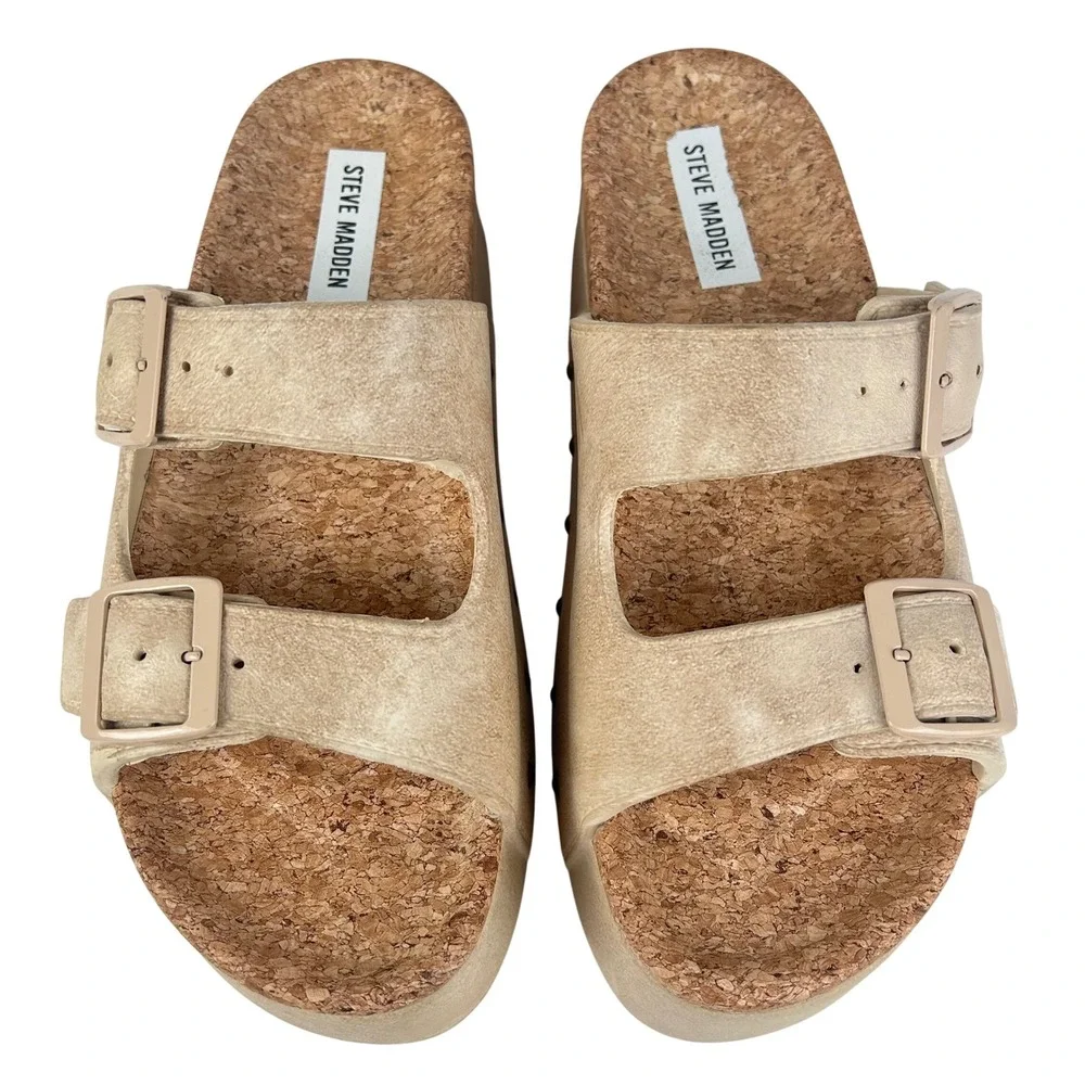 Steve Madden Kali Tan Platform Buckle Slide Sandals Studded Women 9M KALI12S1